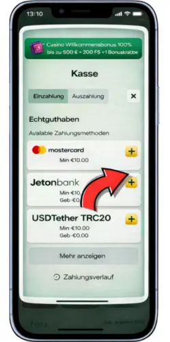 CasinoLo Kassenbereich mit geöffnetem Einzahlungsformular und ausgefülltem Promocode-Feld